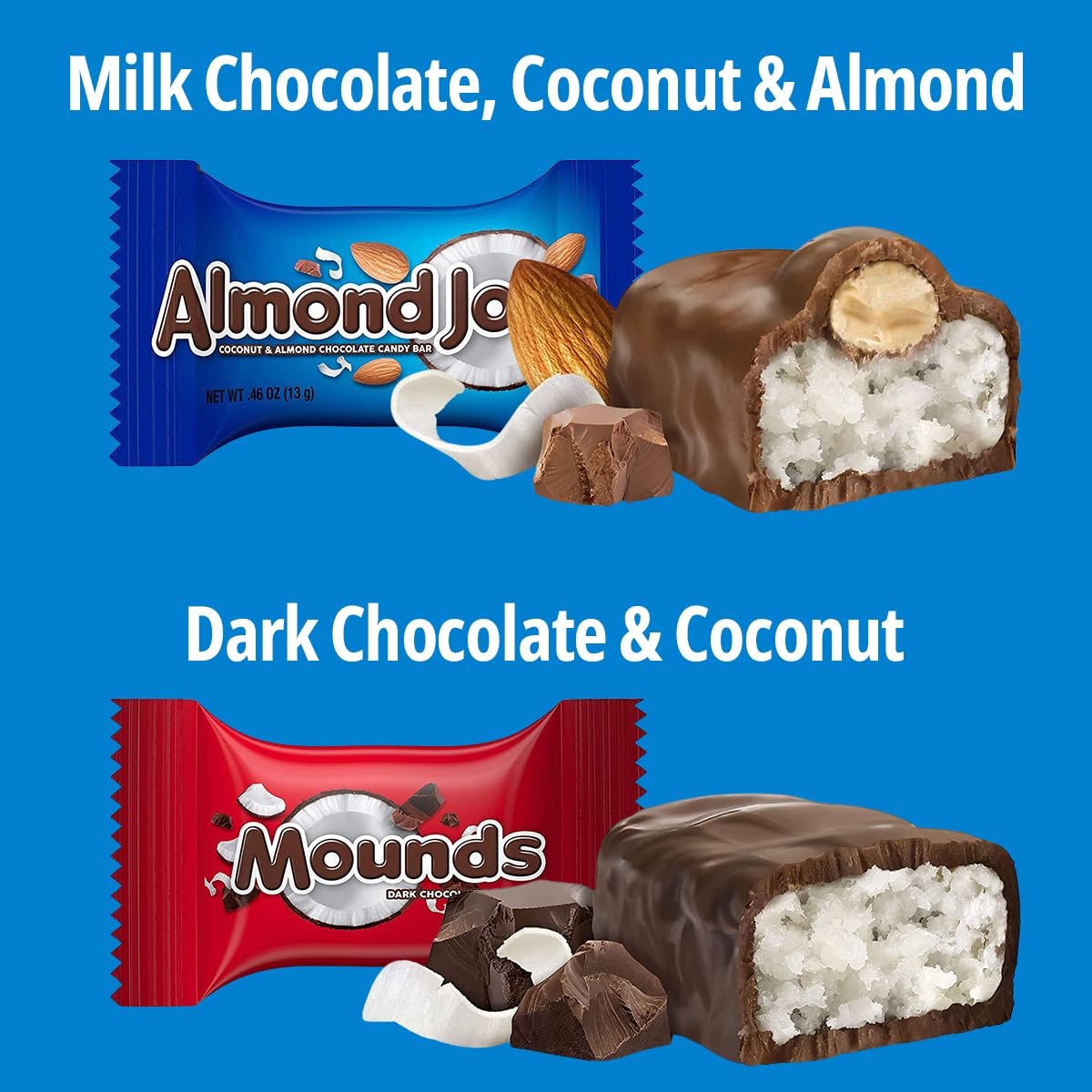 Hershey’s Almond Joy and Mounds Chocolate Candy Assortment - Individually Wrapped Miniature Candy Bars of Milk Mounds Dark Chocolate and Almond Joy Coconut Sweets - Bulk Chocolate Treats Pack, 20.6oz