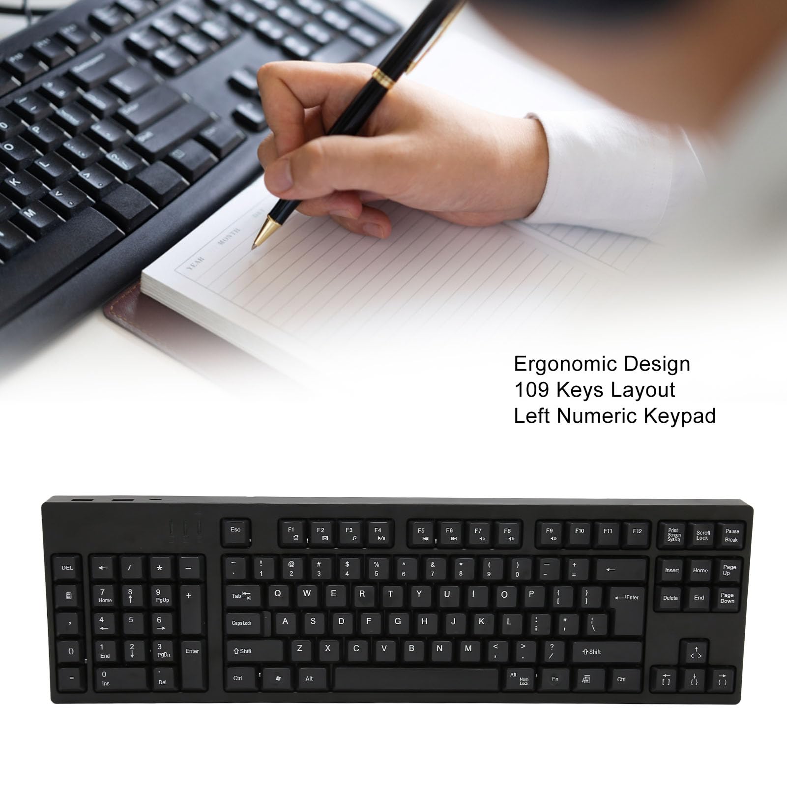 Left Handed Keyboard, 109 Keys Mechanical Gaming Keyboard with Number Pad, Wired Micro USB Connection Ergonomic Keyboard for Business, Accounting, Designer, Gamer, Home, Office