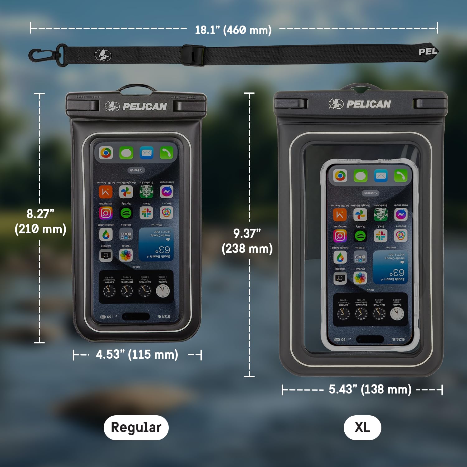 Pelican Marine - IP68 Waterproof Phone Pouch [XL Size] Floating Waterproof Phone Case/Bag for iPhone 15 Pro Max/14 Pro Max/13/12/S24 Ultra/S23/S22/Pixel 8 - Detachable Lanyard - 2 Pack, Stealth Black