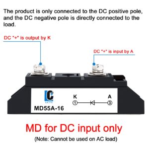 LCLCTC 12V 1 Way Diodes MD 55A(50Amp)-16;to Prevent Backfeed;Use Voltage Range:AC < 400VAC ;DC 3-1000V;Used in photovoltaics, Solar Energy, Solar Panels 24V 48V Solar Diode Anti-Reverse