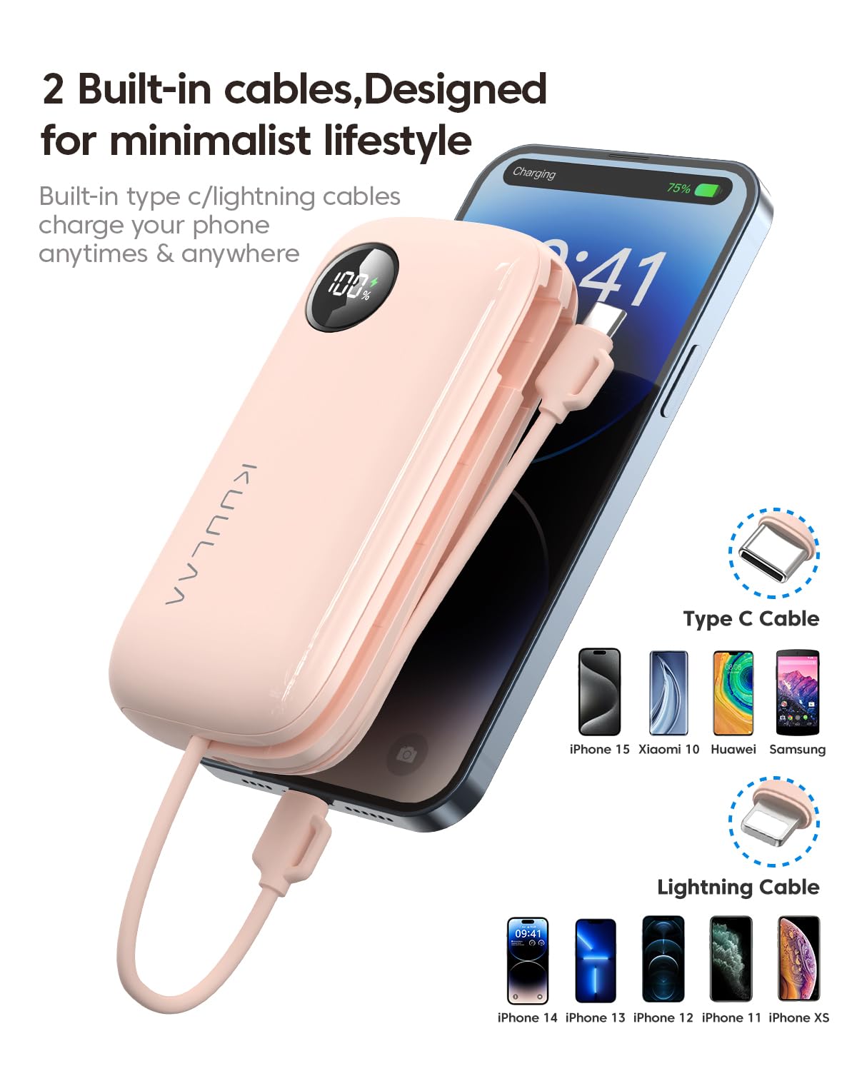 Portable Charger Power Bank 10000mAh Fast Charging PD 20W Portable Phone Charger with Built in Cable, LED Display Battery Pack for iPhone Android Samsung etc