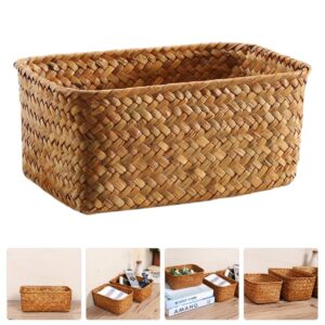 Home Decor Wicker Storage Basket Natural Woven Rattan Seagrass Storage Box Rectangular Household Organizer Boxes Shelf Wardrobe Organizer for Clothes Sundries Stationery To-y