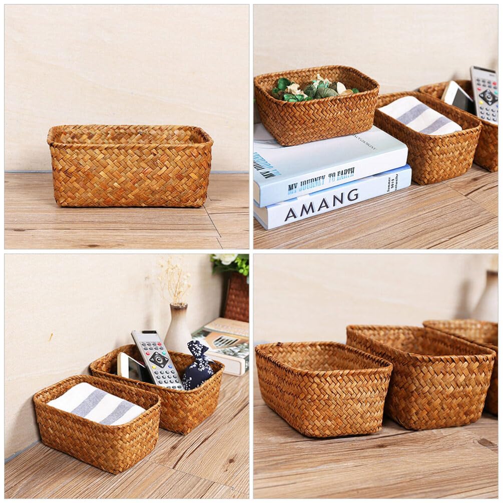 Home Decor Wicker Storage Basket Natural Woven Rattan Seagrass Storage Box Rectangular Household Organizer Boxes Shelf Wardrobe Organizer for Clothes Sundries Stationery To-y