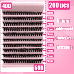 DIY Lash Extension Kit 200 Pcs 40D 50D 10-16MM Mix Individual Lash Clusters Kit with Bond and Seal Professional Eyelash Tweezers Wispy C D Curl False Eyelash Clusters DIY at Home, by TMIELYBS