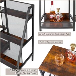 3-Tier Retro Brown Liquor Display Stand with Wine Racks, Glass Holder - For Home Bar