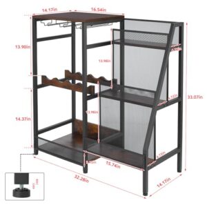 3-Tier Retro Brown Liquor Display Stand with Wine Racks, Glass Holder - For Home Bar