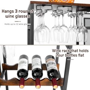 3-Tier Retro Brown Liquor Display Stand with Wine Racks, Glass Holder - For Home Bar