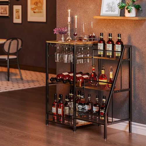 3-Tier Retro Brown Liquor Display Stand with Wine Racks, Glass Holder - For Home Bar