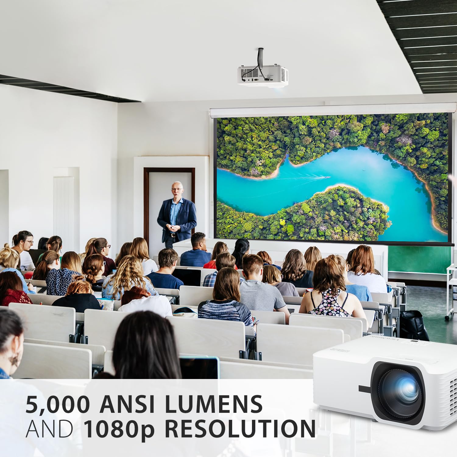 ViewSonic LS740HD 5000 Lumens 1080p Laser Projector with 1.3x Optical Zoom, H/V Keystone, 4 Corner Adjustment, and 360 Degrees Projection for Auditorium, Conference Room and Education