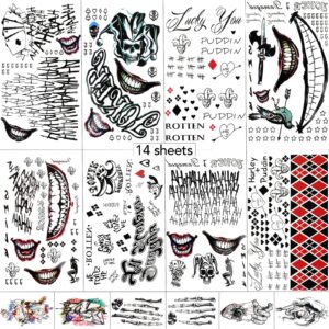 14 sheets halloween joker tattoos kit,halloween temporary tattoos are perfect for halloween,parties,cosplay and costumes,harley quinn tattoos stickers for children and adults,large-size 8.3'' x 11.8''