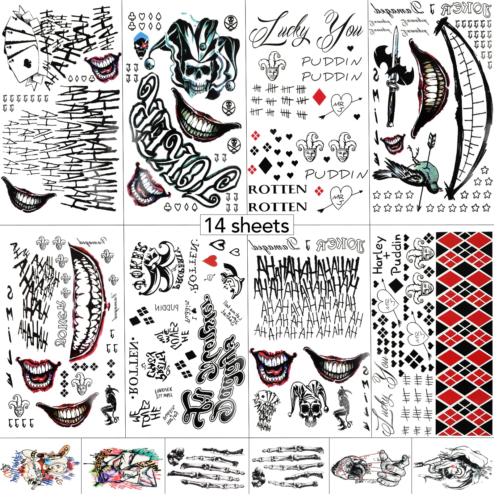 14 Sheets Halloween Joker Tattoos Kit,Halloween Temporary Tattoos are perfect for Halloween,Parties,Cosplay and Costumes,Harley Quinn Tattoos Stickers for Children and Adults,Large-Size 8.3'' x 11.8''