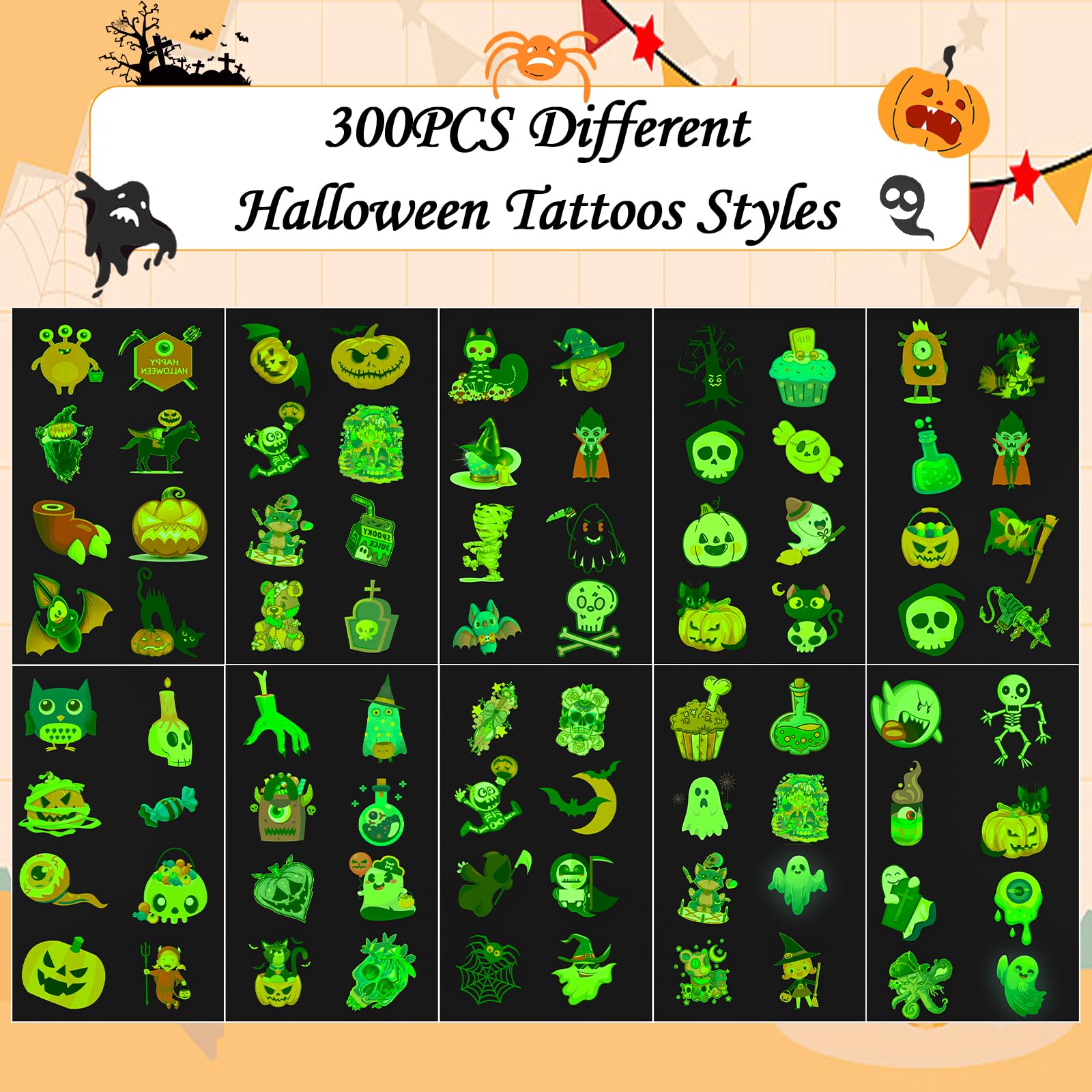 300PCS Halloween Glow Tattoo Stickers,Temporary Waterproof Tattoo Stickers Halloween Party Favors Decoration,Goodie Bag Fillers and "Trick or Treat" Gifts for Kid