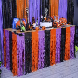 lolstar halloween party decorations 2 pack orange purple and black wavy metallic tinsel foil fringe table skirts for rectangle and round table, perfect table decorations for halloween party