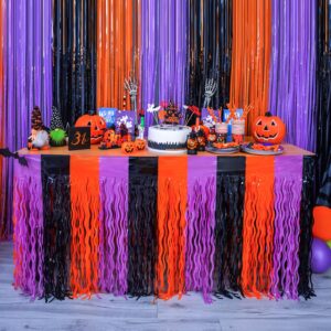 LOLStar Halloween Party Decorations 2 Pack Orange Purple and Black Wavy Metallic Tinsel Foil Fringe Table Skirts for Rectangle and Round Table, Perfect Table Decorations for Halloween Party