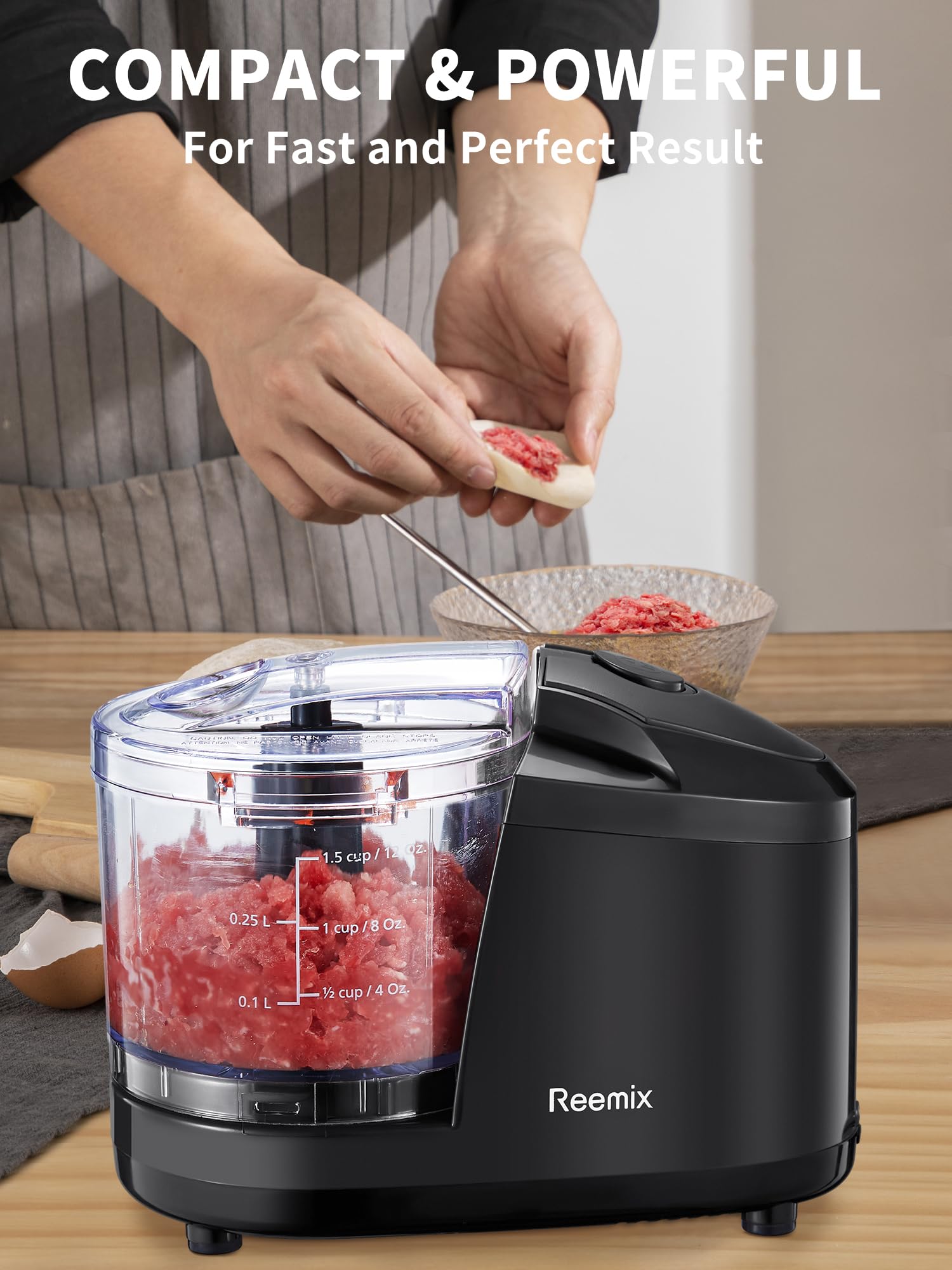 Reemix 1.5-Cup One-Touch Electric Food Chopper, 100W Mini Food Processor Meat Grinder, Mix, Chop, Mince and Blend Vegetables, Fruits, Nuts, Meats, Stainless Steel Blade (Black)