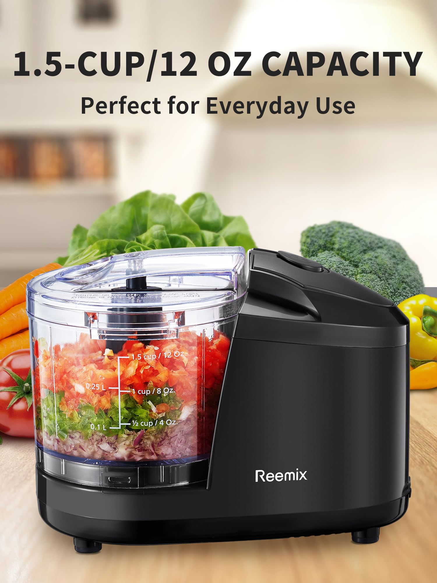 Reemix 1.5-Cup One-Touch Electric Food Chopper, 100W Mini Food Processor Meat Grinder, Mix, Chop, Mince and Blend Vegetables, Fruits, Nuts, Meats, Stainless Steel Blade (Black)