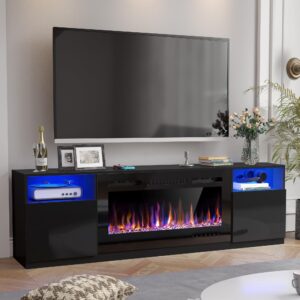 spurgehom 70" fireplace tv stand for tvs up to 80" with 36" electric fireplace, tv console for the living room, led light entertainment center, storage cabinet, media console table, black
