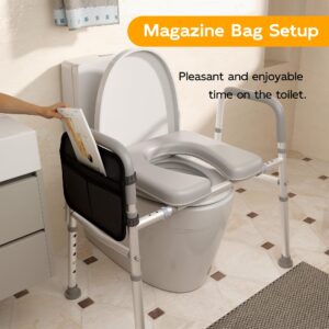 Raised Toilet Seat with Handles - Cozy Padded Elevated Medical Toilet Seat Riser, 350lb Adjustable Safety Assist Shower Chair w/Side Pocket for Adults Elderly, Handicap Pregnant Individuals