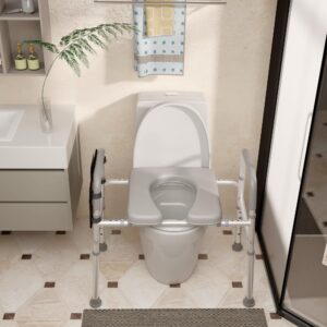 Raised Toilet Seat with Handles - Cozy Padded Elevated Medical Toilet Seat Riser, 350lb Adjustable Safety Assist Shower Chair w/Side Pocket for Adults Elderly, Handicap Pregnant Individuals