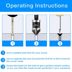 Countersink Drill Bit Set 5-Piece, M2 HSS, 82 Degree, 5 Flute, ¼” Quick Change Hex Shank, 1/4” 3/8” 1/2” 5/8” 3/4” Sharp and Durable Countersink Bits for Metal Wood and Plastic, with Storage Case