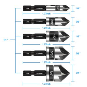 Countersink Drill Bit Set 5-Piece, M2 HSS, 82 Degree, 5 Flute, ¼” Quick Change Hex Shank, 1/4” 3/8” 1/2” 5/8” 3/4” Sharp and Durable Countersink Bits for Metal Wood and Plastic, with Storage Case