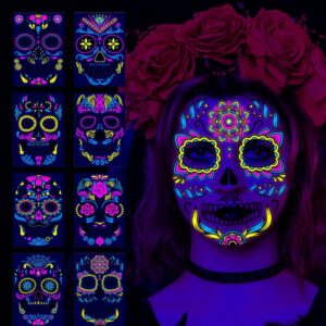8 sheets luminous halloween face tattoos glow in the dark day of the dead full face tattoos waterproof decorations sugar skull stickers uv glow neon mask tattoo for masquerade and parties