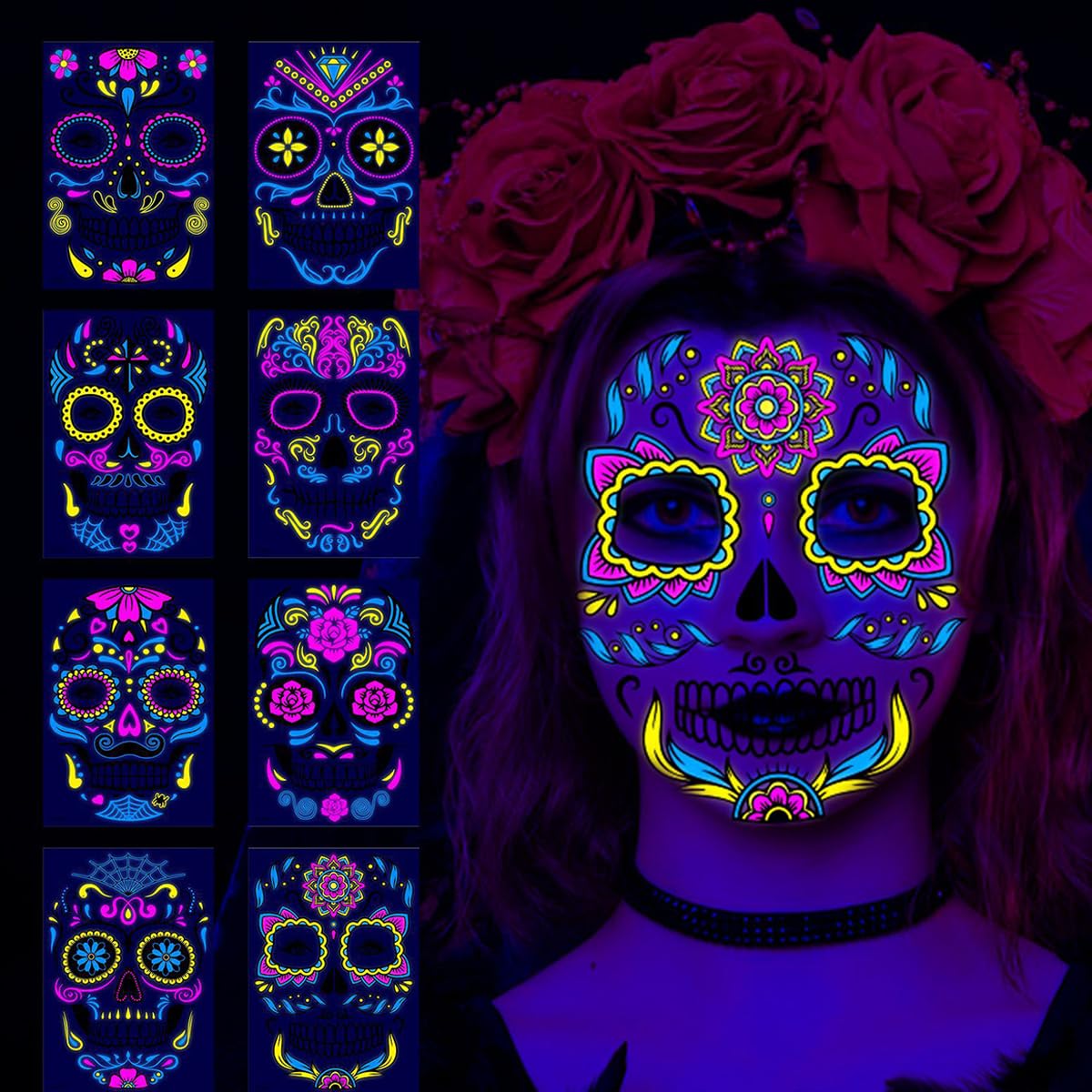 8 sheets Luminous Halloween Face Tattoos Glow in The Dark Day of the Dead Full Face Tattoos Waterproof Decorations Sugar Skull Stickers UV Glow Neon Mask Tattoo for Masquerade and Parties