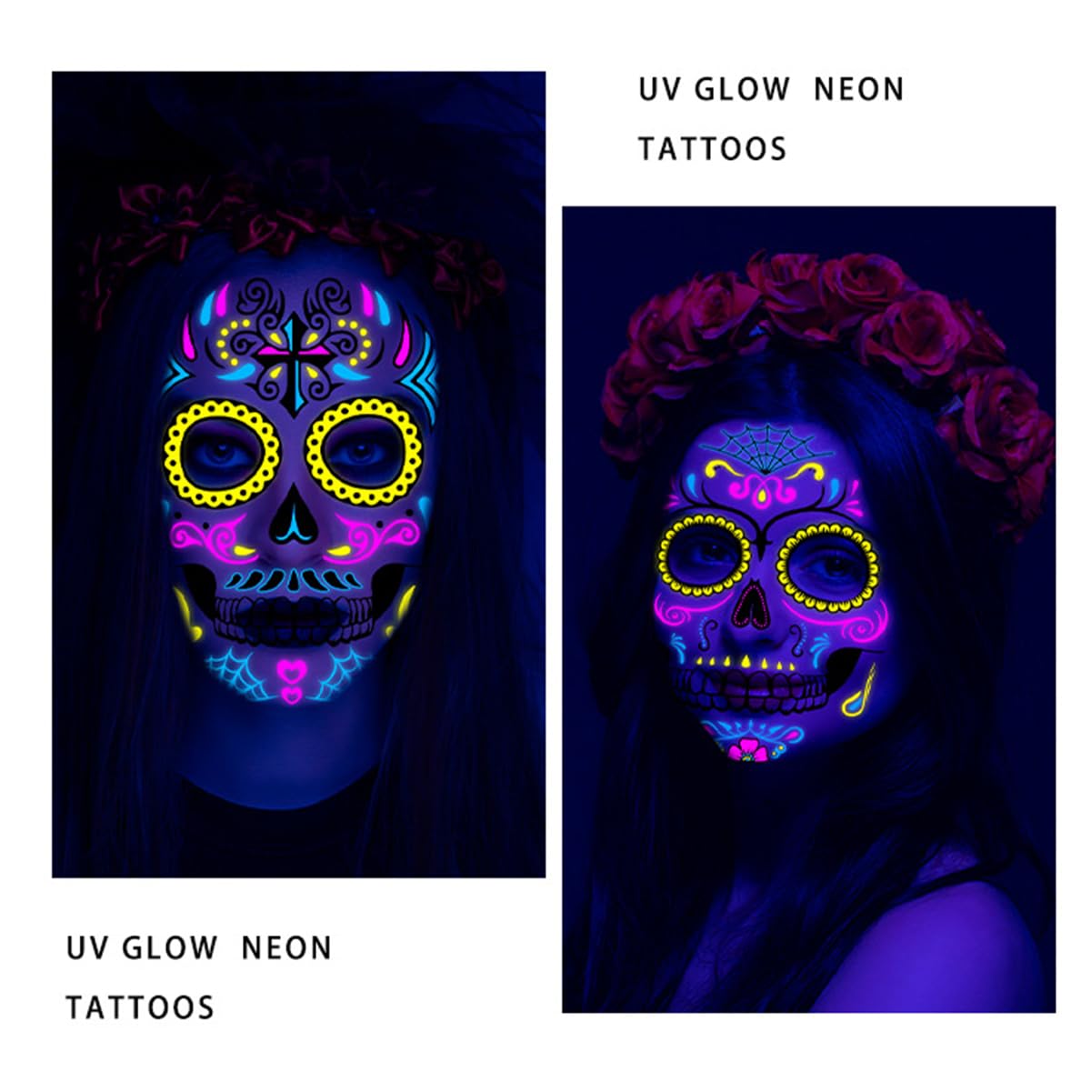 8 sheets Luminous Halloween Face Tattoos Glow in The Dark Day of the Dead Full Face Tattoos Waterproof Decorations Sugar Skull Stickers UV Glow Neon Mask Tattoo for Masquerade and Parties