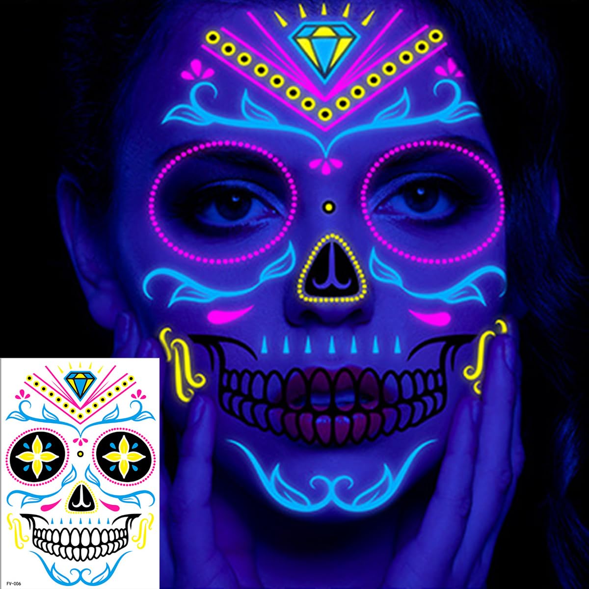 8 sheets Luminous Halloween Face Tattoos Glow in The Dark Day of the Dead Full Face Tattoos Waterproof Decorations Sugar Skull Stickers UV Glow Neon Mask Tattoo for Masquerade and Parties