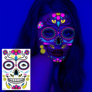 8 sheets Luminous Halloween Face Tattoos Glow in The Dark Day of the Dead Full Face Tattoos Waterproof Decorations Sugar Skull Stickers UV Glow Neon Mask Tattoo for Masquerade and Parties