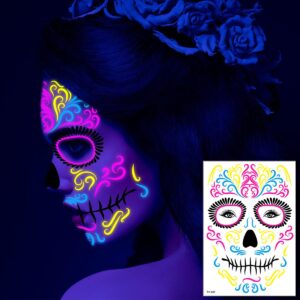 8 sheets Luminous Halloween Face Tattoos Glow in The Dark Day of the Dead Full Face Tattoos Waterproof Decorations Sugar Skull Stickers UV Glow Neon Mask Tattoo for Masquerade and Parties