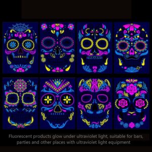 8 sheets Luminous Halloween Face Tattoos Glow in The Dark Day of the Dead Full Face Tattoos Waterproof Decorations Sugar Skull Stickers UV Glow Neon Mask Tattoo for Masquerade and Parties