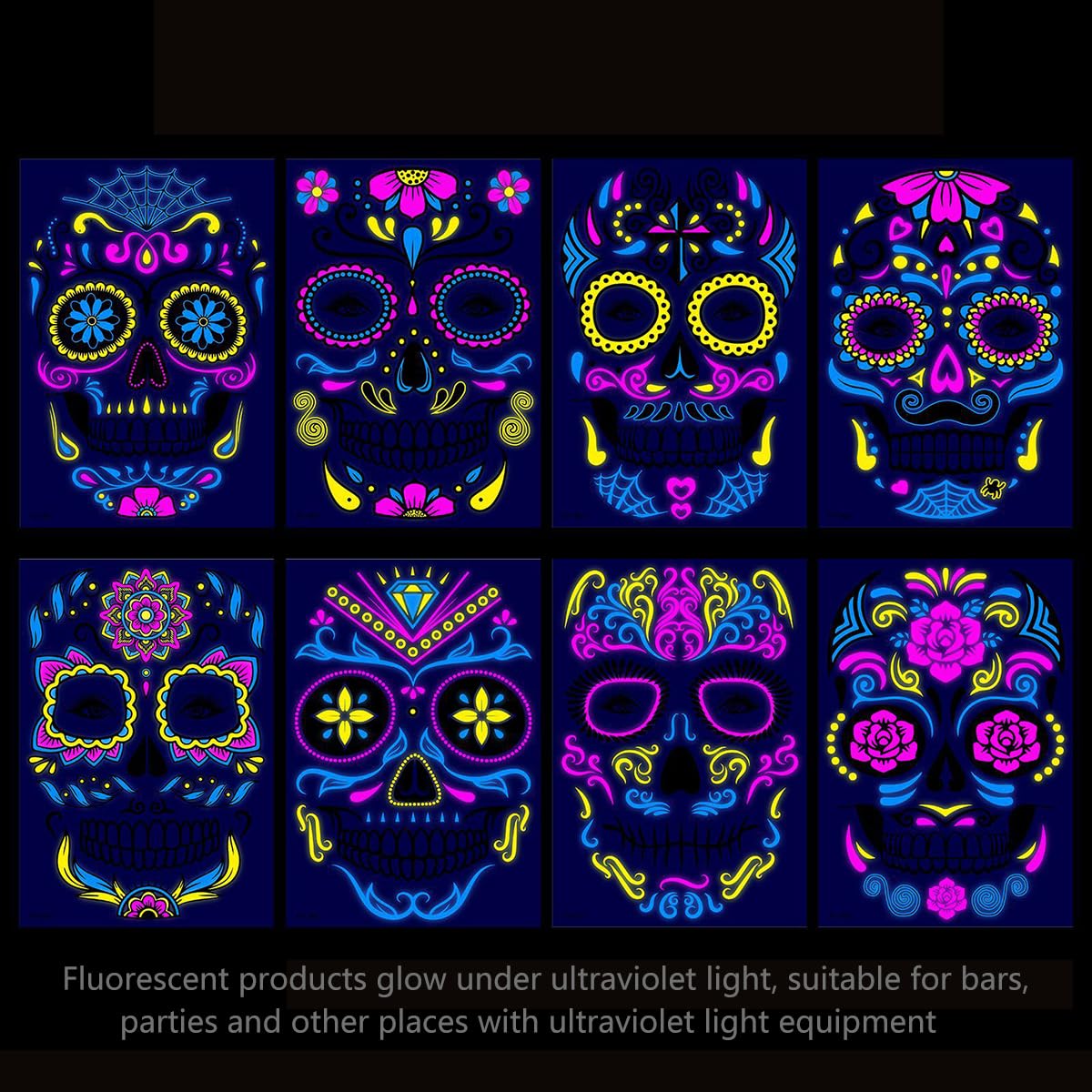 8 sheets Luminous Halloween Face Tattoos Glow in The Dark Day of the Dead Full Face Tattoos Waterproof Decorations Sugar Skull Stickers UV Glow Neon Mask Tattoo for Masquerade and Parties