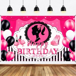 ufocusmi pink birthday decorations princess birthday party supplies, girls birthday banner backdrop black and pink happy birthday banner 6 x 3.6 ft