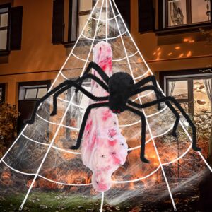 59" halloween giant spider with 200" spider web for outdoor, scary 5 ft hanging corpses props for indoor outside halloween decorations yard home garden haunted house porch lawn party decor