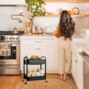 2-Tier Rolling Utility Cart with Handle,Mobile Metal Mesh Trolley with Wire Basket Shelving,Organizer Trolley with Lockable Wheels,Multifunctional Storage cart for Office Kitchen Bathroom,Black