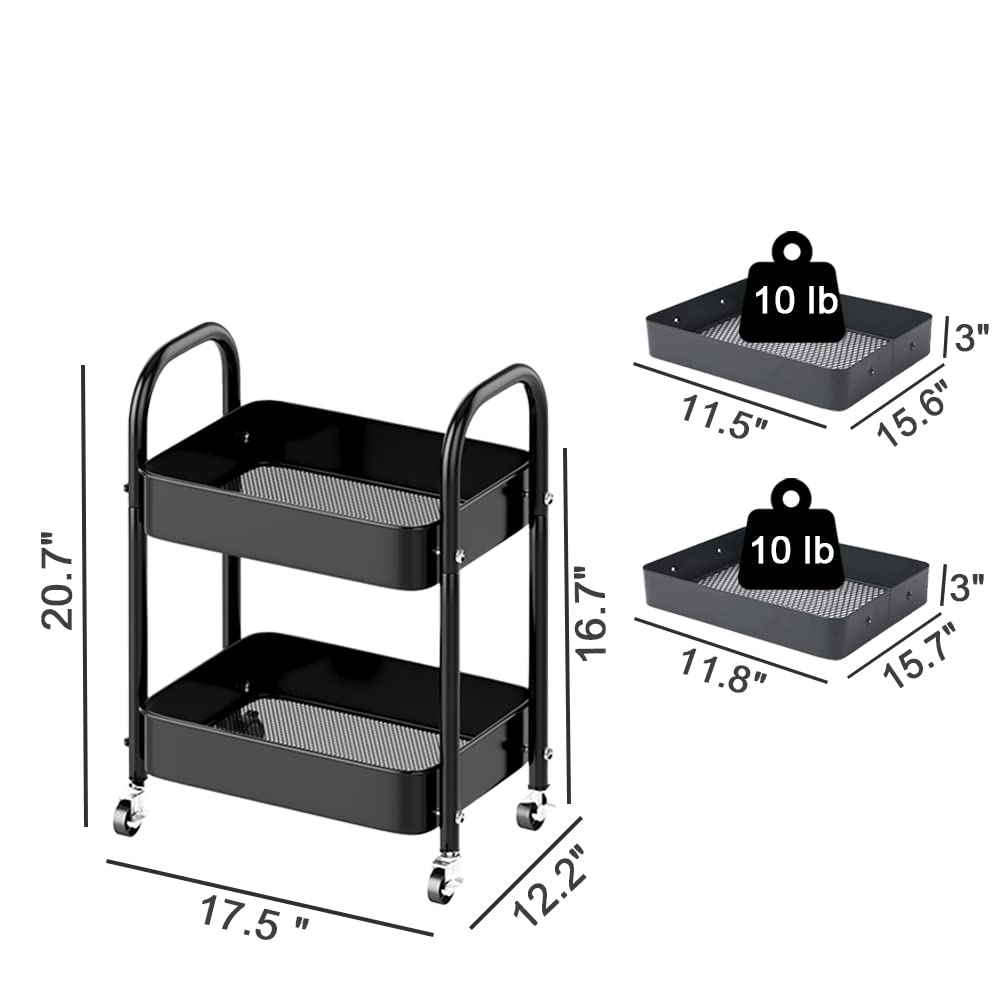 2-Tier Rolling Utility Cart with Handle,Mobile Metal Mesh Trolley with Wire Basket Shelving,Organizer Trolley with Lockable Wheels,Multifunctional Storage cart for Office Kitchen Bathroom,Black