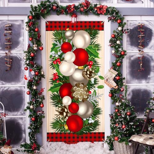 Buryeah Winter Door Cover Front Door Banner Backdrop Merry Christmas Tree Door Decor Xmas Festival Holiday Fabric Backdrop Door Cover for Outdoor Party Supplies, 70.9 x 35.4 Inch(Ball Ornament)