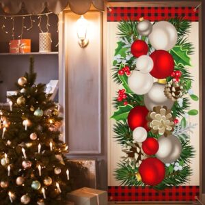 Buryeah Winter Door Cover Front Door Banner Backdrop Merry Christmas Tree Door Decor Xmas Festival Holiday Fabric Backdrop Door Cover for Outdoor Party Supplies, 70.9 x 35.4 Inch(Ball Ornament)