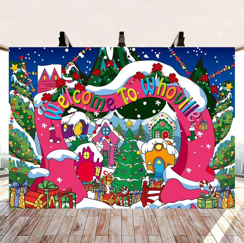 Welcome to Whoville Backdrop 8x6FT Winter Christmas Village Photography Background for Kids First Birthday Baby Shower Happy New Year Xmas Holiday Party Decoration Supplies Photo Props