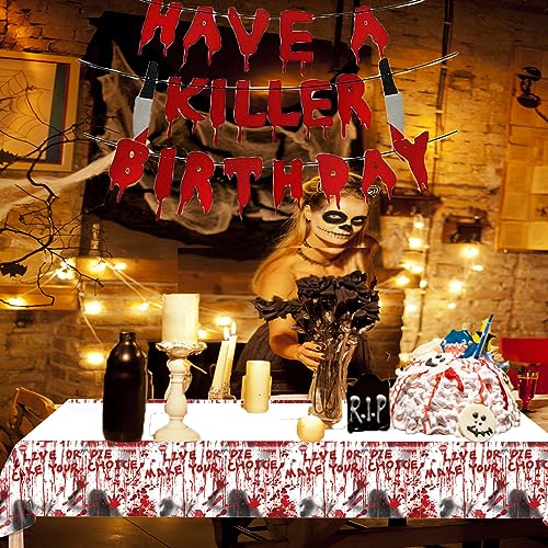 Cracoo Have a Killer Birthday Party Banner Disposable Tablecloth for Halloween Birthday Halloween Bloody Horror Movie (Red)