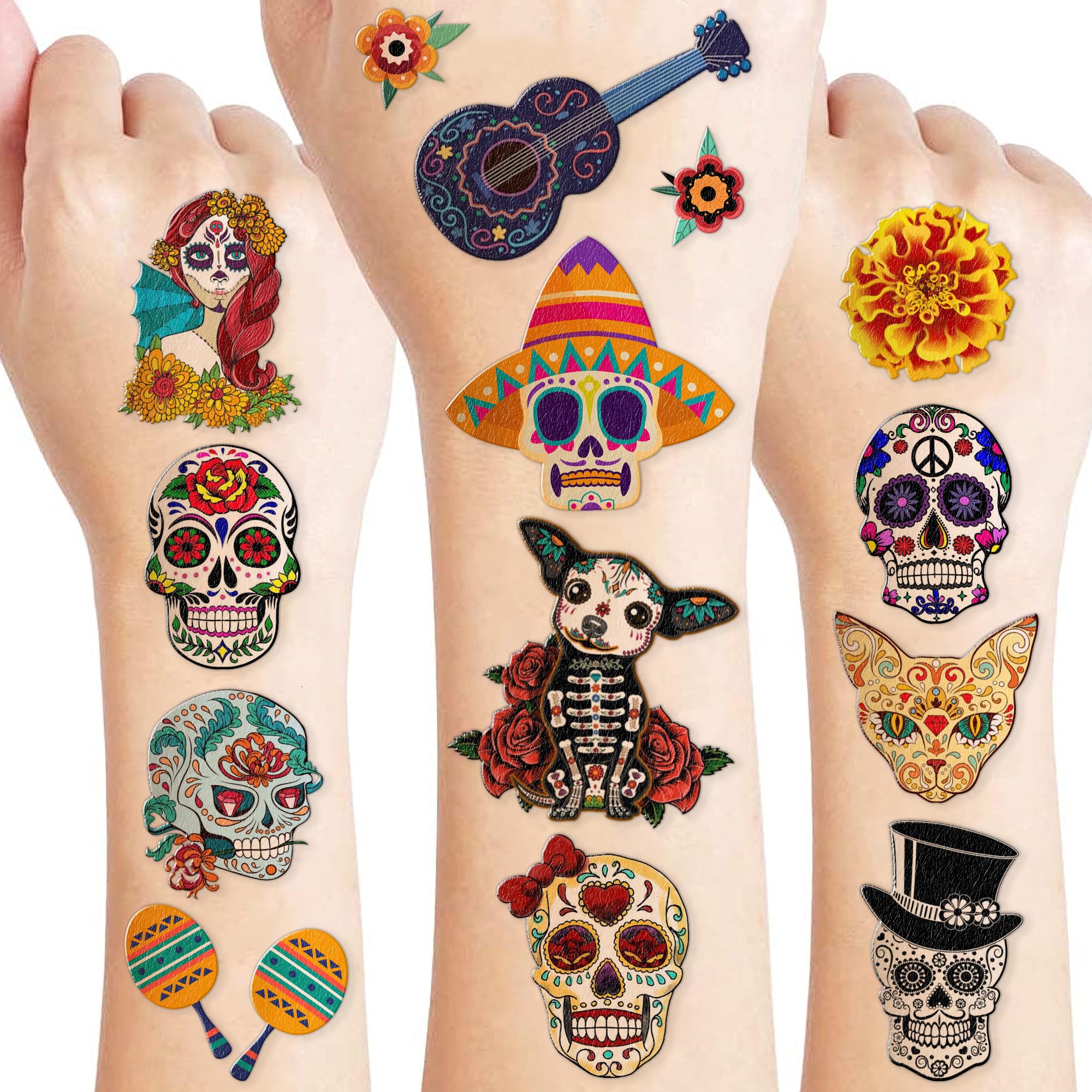 Day of the Dead Dia De Los Muertos Temporary Tattoos Sticker for Kids Birthday Decorations Halloween Festival Mexican Suger Skull CarnivalThemed Party Favors Supplies Cute Kids Boy Gifts Ideal Prizes