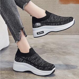 YTINGNICE Platform Fashion Sneakers for Women, Breathable Knit Mesh Walking Slip-on Sneakers Shoes (Black,US 5)