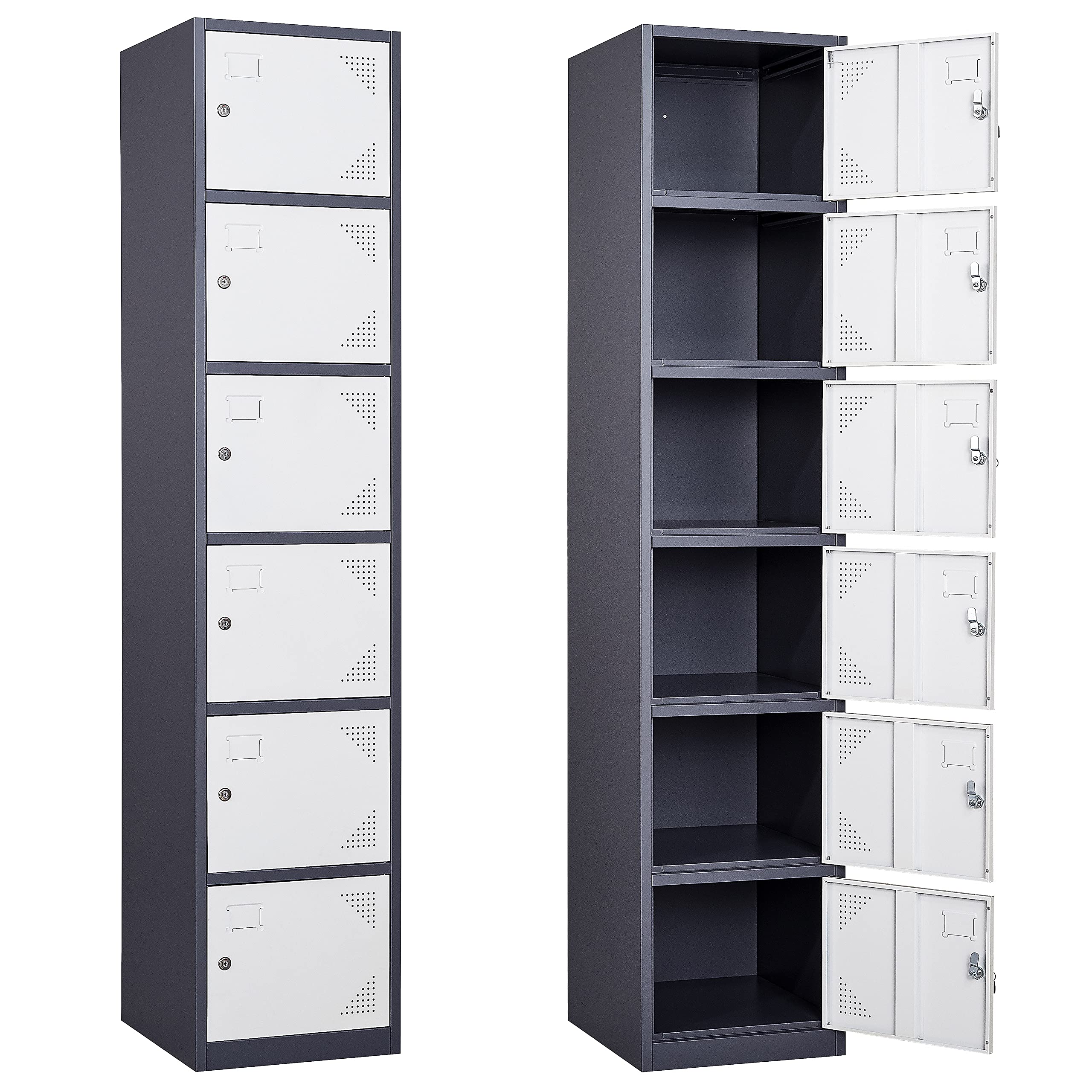 SISESOL Metal Locker Storage Cabinet with Doors and Shelves Metal Lockers with 6 Doors,71" Lockable Small Locker Storage Cabinet for Employees,School, Office, Home, Gym(White/Grey)