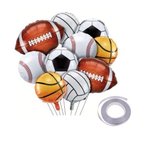 10 pcs sports themed balloons, 18inch aluminum foil sport party balloons baseball football balloons sports themed birthday party supplies for boy baby shower party decoration（contains ribbon）