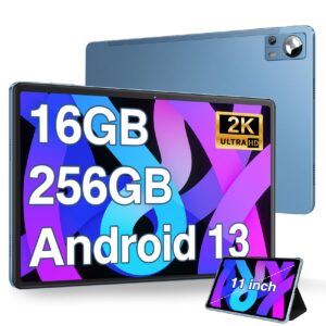 dmoao 11 inch android 13 tablet 16gb+256gb tablets with 1tb expand, octa-core 2000 * 1200 2k fhd display 13mp camera, 8600mah, quad speakers, 5g wifi, split screen support (blue with case)
