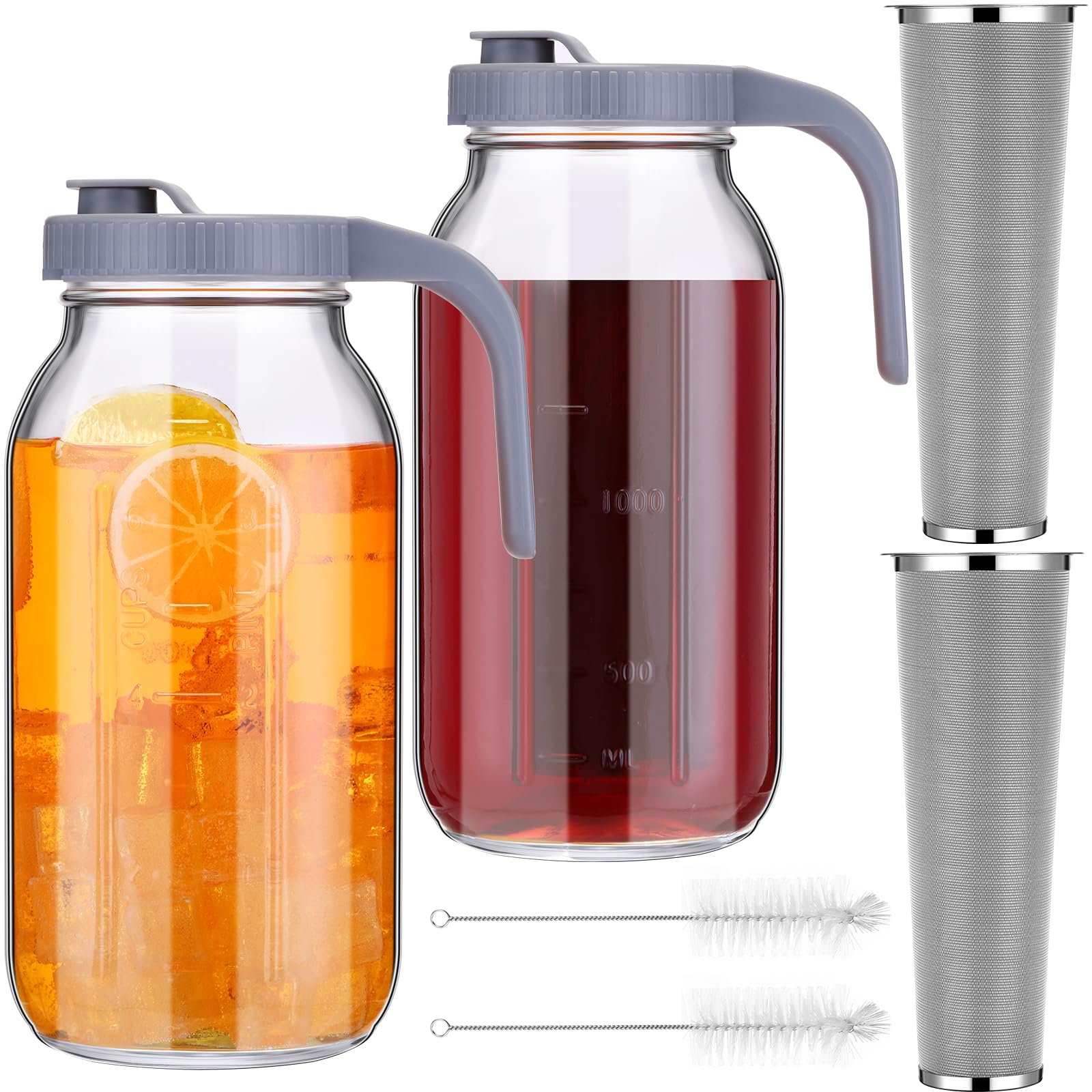 Tioncy 2 Sets Cold Brew Coffee Maker 64 oz Mason Jar Cold Brew Pitcher with Coffee Filter and Brush Glass Storage Pitcher for Iced Brew Coffee, Ice Tea, Homemade Fruit Drinks Container (Gray)