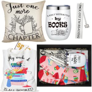 tioncy 5 pcs book lovers gifts for book lovers includes tote bag 12oz wine tumbler pillow case socks bookmark christmas appreciation gift for readers club teacher students librarians (vivid style)