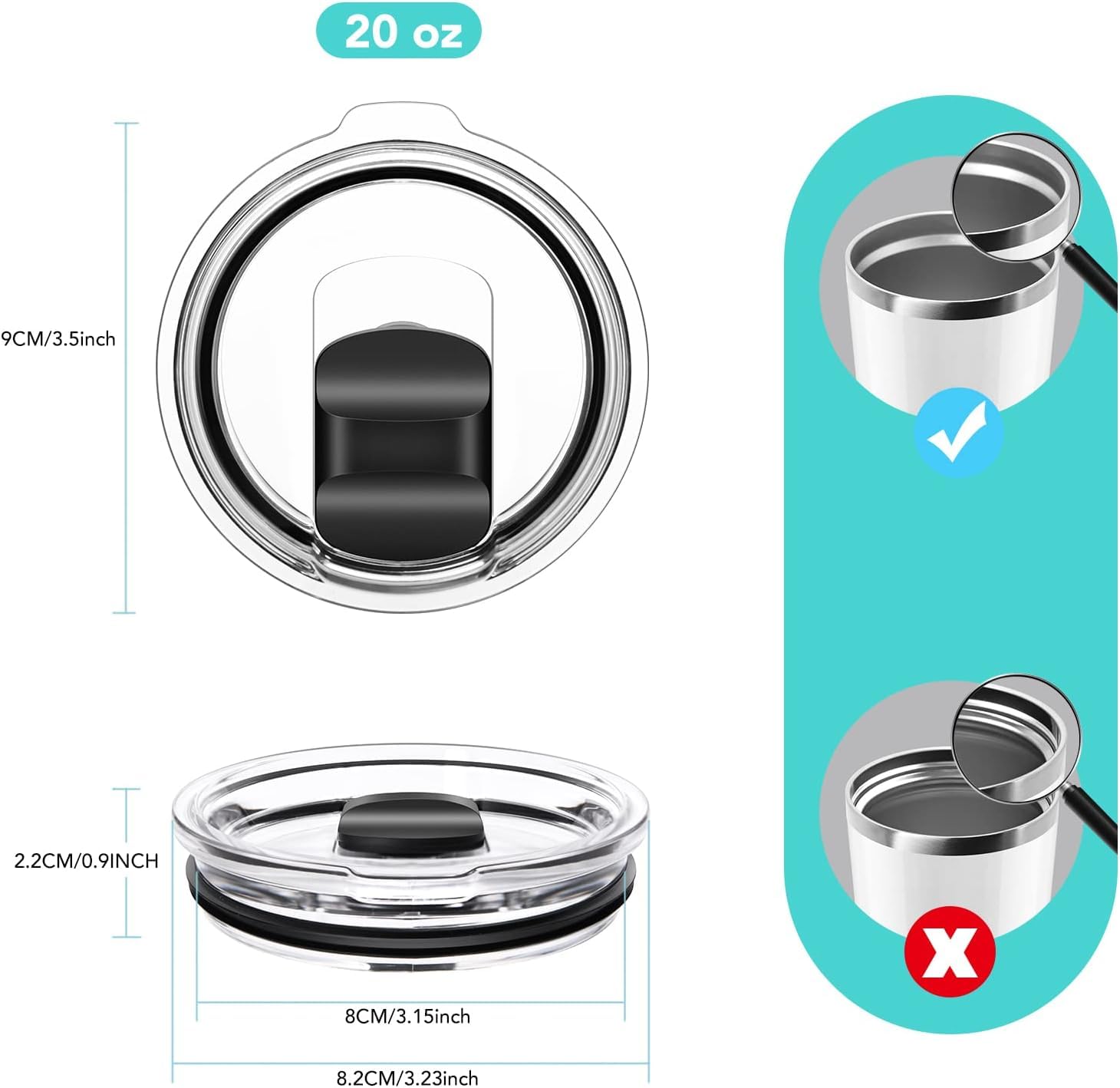 2 Pack 20 oz Magnetic Tumbler Lid, Replacement Lids Compatible for YETI 20 oz Tumbler, 10/24 oz Mug and 10 oz low ball, Magnetic Slider Switch Spill Proof Tumbler Cover, BPA Free (20oz 2pack)