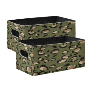 kigai hunter green leopard storage basket for shelves, foldable open storage bins with double handle, set of 2 rectangular felt storage organizer boxes for office desk home